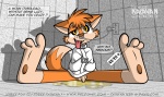 anthro balls bodily_fluids bottomless bound clothed clothing genital_fluids genitals male peeing restraints solo straitjacket submissive submissive_male tail text toe_tag toony urine watersports what krezz_karavan krezz_karavan_(character) canid canine fox mammal 2008 english_text