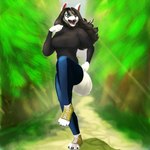 4_toes anthro biped blue_eyes claws clothing detailed_background feet female footwear fur hair long_hair open_mouth outside plant shirt shoelaces shoes solo teeth toeless_footwear toes tongue topwear tree white_body white_fur andy_234 hyena mammal 1:1 hi_res