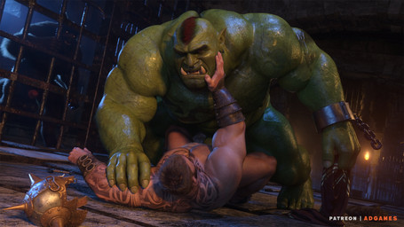 5_fingers 5_toes anthro balls barazoku biceps duo fangs feet fingers genitals green_arms green_body green_chest green_feet green_fingers green_hands green_head green_legs green_nipples green_penis green_skin green_toes humanoid_feet humanoid_genitalia humanoid_hands humanoid_penis humanoid_pointy_ears male male/male muscular muscular_humanoid muscular_male nipples nude nude_humanoid penis plantigrade pointy_ears size_difference teeth toes tusks vein veiny_muscles ad-games mythology boruk_(ad-games) canid canine human humanoid mammal mythological_canine mythological_creature orc werecanid werecanine werecreature werewolf 16:9 hi_res widescreen