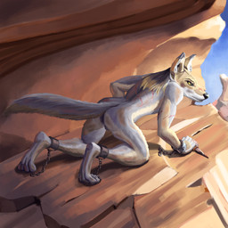 all_fours ankle_cuffs anthro balls barefoot brown_body brown_fur chain cliff crawling cuff_(restraint) day digitigrade ears_up fantasy feet fur genitals hair knife looking_forward male nude outside restraints scar solo white_body white_fur wrist_cuffs yellow_eyes mitokep caelum_(skythe) canid canine canis coywolf hybrid mammal 1:1 2019 hi_res