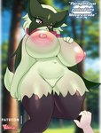 anthro areola big_breasts bodily_fluids breasts female fur genitals green_body green_fur huge_breasts huge_hips huge_thighs nipples pink_areola pink_nipples pussy sweat thick_thighs wide_hips ribiruby nintendo pokemon generation_9_pokemon meowscarada pokemon_(species) absurd_res hi_res