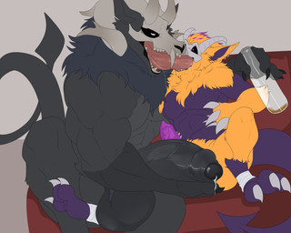 3_toes anthro balls big_balls big_claws big_horn big_muscles big_penis big_tongue black_body black_penis black_sclera bodily_fluids bone bottle chest_tuft claws container duo fangs feet foreskin french_kissing fur fur_markings furniture genital_fluids genitals glans grey_background half-erect horn huge_balls huge_penis kissing male male/male markings multicolored_body multicolored_fur muscular penis precum purple_body purple_penis sharp_teeth simple_background skull skull_head sofa teeth toes tongue tuft yellow_body yellow_fur weskers american_mythology indigenous_north_american_mythology mythology north_american_mythology roderick_(elsifthewolf) wendigo 2025 hi_res