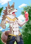 abs anthro beverage blush bottomwear clothing countershading disembodied_hand duo front_view fur jewelry male necklace nude outside shorts solo_focus striped_body striped_fur stripes surprise swimwear undressing_another reizohozon lifewonders tokyo_afterschool_summoners seth_(tas) canid canine canis jackal mammal digital_media_(artwork) hi_res portrait three-quarter_portrait