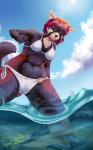 abs anthro bikini breasts clothing cloud female navel outside red_eyes sea sky solo summer swimwear two-piece_swimsuit water sowia ailurid mammal red_panda 2014 5:8