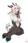 anthro antlers blue_nipples blue_nose breasts chest_tuft collar crossed_legs female fur hair hooves horn kneeling leash nipples short_hair simple_background solo submissive tuft white_body white_fur yellow_eyes patto nosivi deer mammal hi_res