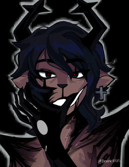 2_horns anthro antlers black_antlers black_background black_hair black_nose brown_body brown_fur clothed clothing cross cross_ear_piercing cross_ear_ring cross_piercing female fur hair horn piercing pupils red_pupils simple_background solo dessoirprinces deltarune undertale_(series) dess_holiday roaring_knight deer mammal new_world_deer reindeer shadow_creature 2025 hi_res signature