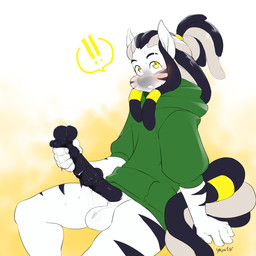 animal_genitalia animal_penis anthro balls biped black_coded blush bodily_fluids bottomless caught_in_the_act clothed clothing dreadlocks equine_genitalia equine_penis erection exclamation_point genital_fluids genitals hair hoodie looking_at_viewer male masturbation medial_ring penis precum simple_background solo topwear yogoat zahk_(knight) equid equine mammal zebra 1:1 hi_res