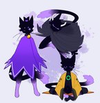 3_toes abstract_background ambiguous_gender anthro barefoot bell black_body black_cloak black_clothing black_fur cloak clothed clothed_anthro clothing crown dipstick_tail eyebrows feet footwear fur headgear horn markings mouthless multicolored_body multicolored_fur paws plantigrade pupils purple_body purple_cloak purple_clothing purple_eyebrows purple_eyes purple_feet purple_fur purple_tail_tip robe shoes sitting sitting_on_ground slit_pupils solo standing tail tail_markings text toes two_tone_body two_tone_fur yellow_clothing yellow_robe noirzvault cult_of_the_lamb hollow_knight massive_monster_(studio) nine_sols red_candle_games team_cherry lamb_(cult_of_the_lamb) noir_(noirzvault) the_knight_(hollow_knight) yi_(nine_sols) domestic_cat felid feline felis mammal 2025 artist_name digital_media_(artwork) hi_res nonbinary_(lore)
