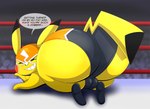 big_butt bulge butt clothing cosplay_pikachu_(costume) detailed_bulge dialogue english_text fighting_ring generation_1_pokemon hi_res looking_at_viewer male mask nintendo pikachu pikachu_libre pokemon pokemon_(species) presenting presenting_hindquarters solo teasing tepigfan101 text wrestler wrestling wrestling_briefs