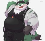 anthro belly big_belly black_nose blush clothed clothing eyes_closed green_body humanoid_hands kemono male overweight overweight_male solo uokkom tamacolle shinosuke canid canine canis domestic_dog mammal 2023 hi_res