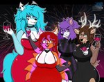 anthro antlers big_breasts blue_body blue_eyes blue_fur blue_hair breasts brown_body brown_fur brown_hair celebration cleavage cleavage_overflow cloth clothed clothing container cup dress drinking_glass eyewear female fireworks fur glass glass_container glass_cup glasses green_eyes group hair heterochromia holding_object horn looking_at_viewer multicolored_body multicolored_fur open_mouth orange_body orange_eyes orange_fur pink_body pink_eyes pink_fur purple_eyes purple_hair simple_background smile tongue tongue_out two_tone_body two_tone_fur white_body white_fur wine_glass blazkenzxy canid canine canis deer fox mammal taur wolf 2024 digital_drawing_(artwork) digital_media_(artwork) hi_res signature