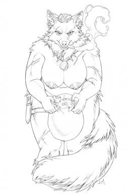 5_fingers anthro big_breasts breasts cigar cigar_in_mouth claws coin fangs female finger_claws fingers fur hair humanoid_hands jewelry knife navel necklace nipples nude nude_anthro nude_female object_in_mouth scar scars_all_over smoke smoking solo teeth graphite_midnight claire_(baron03) mammal procyonid raccoon hi_res monochrome