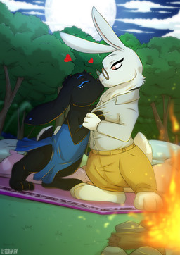 black_body black_fur clothed clothed_feral clothing dress duo ear_piercing eyes_closed eyewear female feral feral_on_feral forest fur fur_markings glasses heart_symbol kissing male male/female markings moon outside paws piercing plant scut_tail short_tail tail tree white_body white_fur h1draw raisin_bread buun hare lagomorph leporid mammal rabbit 2025 absurd_res hi_res