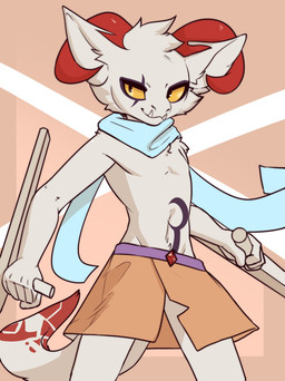 abstract_background anthro blue_scarf bottomwear cheek_tuft clothing club_(weapon) crotch_lines curled_horn dual_wielding eye_scar facial_scar facial_tuft front_view hair holding_object holding_weapon horn looking_aside male melee_weapon nightstick red_horn scar scarf simple_background skirt solo standing tan_background tuft underbite weapon white_hair yellow_sclera ricky945 aries_waltz_(foulex) bovid caprine goat mammal 2021 hi_res portrait three-quarter_portrait