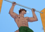 5_fingers abs anthro athletic athletic_anthro athletic_male black_nose bodily_fluids bottomwear brown_body brown_fur brown_hair chest_scar claws clothed clothing exercise fingers fur green_bottomwear green_clothing green_shorts hair humanoid_hands male muscular muscular_anthro muscular_male nipples outside pecs pull-up_(exercise) scar shorts solo sweat topless topless_male wolfmaster nils_rinkan canid canine canis mammal wolf 2020 digital_media_(artwork)