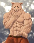 abs anthro biceps biped bottomwear chest_tuft claws clothed clothing fur male muscular muscular_anthro muscular_male navel neck_tuft pants pecs solo tan_body tan_fur topless topless_anthro topless_male tuft chibikoma zinovy canid canine mammal 2022 digital_drawing_(artwork) digital_media_(artwork) hi_res