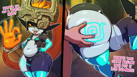 big_butt biped bodily_fluids breasts butt camel_toe clothed clothing cum dialogue duo female genital_fluids genitals glistening glistening_butt hair hot_dogging huge_butt legwear looking_at_viewer male male/female nipple_outline not_furry penis pupils sex side_view small_breasts smile text thick_thighs thigh_highs tongue tongue_out divine_wine nintendo the_legend_of_zelda twilight_princess midna twili 16:9 2025 animated hi_res loop no_sound short_playtime webm widescreen