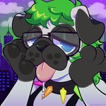4_fingers anthro black_body black_clothing black_collar black_eyewear black_fur black_glasses black_nose black_topwear blue_eyes bodily_fluids building city city_background clothed clothed_female clothing collar eyebrows eyelashes eyewear female female_anthro fingers floppy_ears fur glasses green_eyebrows green_hair hair half-closed_eyes light long_hair looking_at_viewer multicolored_body multicolored_fur narrowed_eyes night no_pupils outside pink_tongue pose purple_sky saliva saliva_on_tongue sky skyscraper solo spiked_collar spikes star starry_sky text tongue tongue_out topwear two_tone_body two_tone_fur whisker_spots white_body white_fur chotpot bones_(mell0wmarr0w) canid canine canis domestic_dog mammal molosser pug small_molosser toy_dog 1:1 2022 artist_name bust_portrait colored dated digital_drawing_(artwork) digital_media_(artwork) icon lighting portrait shaded