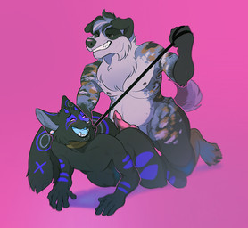 4_toes 5_fingers all_fours animal_genitalia animal_penis anthro arm_markings arm_tuft belly big_belly biped black_body black_claws black_ears black_fur black_hair black_leash black_nipples black_nose black_tail blue_body blue_ears blue_fur blue_horn blue_markings blue_stripes blue_tail blue_tongue blush brown_body brown_fur canine_genitalia canine_penis cheek_tuft chest_tuft claws duo ear_markings ear_piercing elbow_tuft erection facial_markings facial_piercing facial_tuft fangs feet fingers floppy_ears fur fur_markings genitals grey_body grey_ears grey_fur grey_hair grey_inner_ear_fluff grey_tail grin hair head_markings head_tuft horn hot_dogging inner_ear_fluff interspecies kneeling knot leash leash_pull lip_piercing male male/male male_dominating_male markings narrowed_eyes neck_tuft nipples open_mouth penis piercing pink_eyes pink_penis sex shadow short_hair shoulder_tuft slightly_chubby small_horn smile striped_body striped_fur stripes stud_piercing tail tail_markings teeth toes tongue tuft ninetht canid canine canis domestic_cat domestic_dog felid feline felis mammal digital_media_(artwork)
