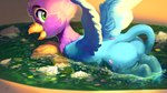 16:9 avian avian_feet bath beak bird blue_body feathered_wings feathers feral flower galliform green_eyes gryphon gyro_feather hi_res locksto male mythological_avian mythological_creature mythology peafowl phasianid pink_body plant quadruped solo tail tail_tuft tuft water widescreen wings