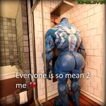 1:1 3d_(artwork) absurd_res alien alien_humanoid bathroom bathtub big_butt blender_(artwork) blue_body bucket butt claws container digital_media_(artwork) emblem everyone_is_so_mean_to_me hi_res huge_filesize humanoid long_tongue male marvel marvel_rivals meme muscular muscular_humanoid muscular_male not_furry nude rear_view shower solo symbiote thekidxeno tongue tongue_out towel venom_(marvel)