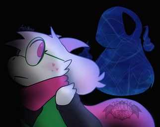 anthro bovid_horn caprine_horn curved_horn eyewear freckles frown fur glasses green_eyewear green_glasses heart_freckles horn looking_back pink_eyes pink_horn pink_lens pink_scarf scarf solo white_body white_fur apollysabyss deltarune undertale_(series) ralsei bovid caprine darkner goat mammal 2026 trans_(lore) trans_woman_(lore)