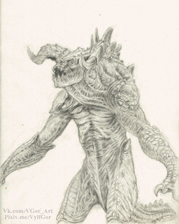 claws finger_claws horn male open_mouth sharp_teeth simple_background solo tail teeth text white_background vylfgor fallout microsoft deathclaw scalie hi_res monochrome portrait three-quarter_portrait traditional_media_(artwork) url