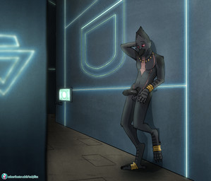 anthro black_body clothed clothing erection genitals half-erect male penis public public_nudity red_eyes scar science_fiction solo standing topless topless_anthro topless_male codyf0xx metroid nintendo feather_vane avian chozo hi_res