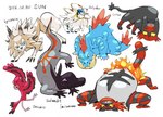 ambiguous_gender anthro biped black_body black_fur blue_body blue_eyes feral fur group purple_sclera quadruped red_body red_fur simple_background tan_body tan_fur white_background white_body white_fur yellow_sclera gyu_hydrogen nintendo pokemon baile_oricorio feraligatr generation_2_pokemon generation_7_pokemon incineroar legendary_pokemon litten lycanroc midday_lycanroc oricorio pokemon_(species) salandit solgaleo