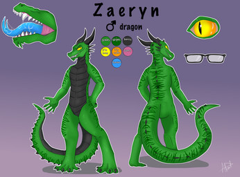 5_fingers 5_toes amber_eyes anthro black_body black_scales blue_tongue bodily_fluids color_swatch digitigrade eyewear facial_hair fangs feet fingers front_view gender_symbol glasses goatee green_body green_scales male male_symbol rear_view rectangular_glasses saliva scales smile snarling solo spikes stripes symbol tail teeth text toes tongue albinopixel mythology zaeryn_(character) dragon mythological_creature mythological_scalie reptile scalie wingless_dragon 2020 full-length_portrait hi_res model_sheet portrait shaded soft_shading