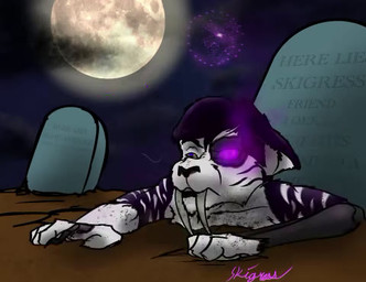 anthro bone exposed_bones fangs female humor sabertooth_(anatomy) silly stuck_in_ground teeth weird_eyes skigress skigress_(skigress) felid feline hybrid mammal mephitid pantherine sabertooth_feline skunk tiger undead zombie 2d_animation animated low_res no_sound short_playtime slideshow herm_(lore)