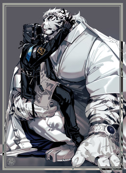 ambiguous_gender anthro blep carrying_person clock clothing crouching duo fur grey_background hair long_hair male shirt simple_background tongue tongue_out topwear vest watch white_body white_clothing white_fur white_shirt white_topwear white_vest wristwatch fuguri arknights hypergryph studio_montagne doctor_(arknights) mountain_(arknights) felid human mammal pantherine tiger absurd_res hi_res
