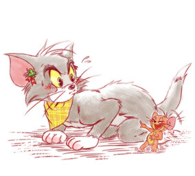 anthro blush blush_lines bodily_fluids duo embarrassed eyes_closed feral gesture hand_gesture laugh looking_at_another male pointing pointing_at_another scarf simple_background sweat sweatdrop white_background meghan_mauriat metro-goldwyn-mayer tom_and_jerry jerry_mouse thomas_cat domestic_cat felid feline felis house_mouse mammal mouse murid murine rodent tuxedo_cat