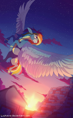 blue_body blue_feathers blue_fur clothing cutie_mark detailed_background dutch_angle eyewear feathered_wings feathers female feral flying fur goggles hair hooves multicolored_hair outside pink_eyes sky smile solo star starry_sky suit sun sunset wings loukaina friendship_is_magic hasbro my_little_pony mythology rainbow_dash_(mlp) equid equine mammal mythological_creature mythological_equine pegasus absurd_res hi_res