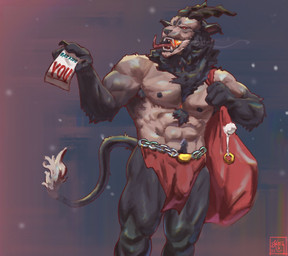 2_horns anthro armpit_hair bag biped black_nipples body_hair holidays horn male muscular muscular_anthro muscular_male muscular_thighs nipples red_eyes solo tail tail_tuft tuft ktsuart christmas krampus bovid caprine caprine_demon demon goat_demon mammal hi_res