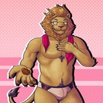 anthro body_hair clothing eyewear glasses happy_trail male solo speedo swimwear haha-yea traitors_in_salem leo_(traitors_in_salem) felid lion mammal pantherine 1:1 hi_res