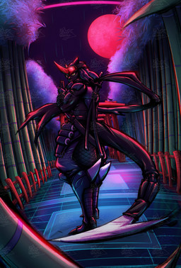 anthro black_body blade cowl male mask moon night ninja red_moon solo tail tail_blade veil warrior weapon_tail gekkart bandai_namco digimon digimon_beatbreak digimon_(species) fumamon scalie absurd_res hi_res