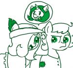 clothing duo ear_piercing earth_pony emerald_jewel_(colt_quest) equid equine fan_character feathers female feral ficficponyfic green_and_white hasbro hat headgear headwear horn horse joyride_(colt_quest) male mammal monochrome my_little_pony mythological_creature mythological_equine mythology piercing pony ruby_rouge_(colt_quest) simple_background unicorn