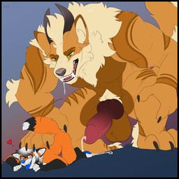 animal_genitalia animal_penis black_border border canine_genitalia canine_penis genitals knot knotted_penis male penis size_difference gothicsiamese kwik_(artist) nintendo pokemon conroy arcanine canid canine fox generation_1_pokemon mammal pokemon_(species) 1:1 artist_collaboration hi_res