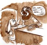 anthro duo female fur male text caliosidhe disney zootopia flash_slothmore judy_hopps lagomorph leporid mammal pilosan rabbit sloth three-toed_sloth xenarthran 2016 english_text monochrome sepia sketch