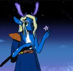 anthro antlers asian_clothing blonde_hair blue_body blue_clothing blue_fur blue_hair chest_fur clothing cloud east_asian_clothing femboy floral_pattern flower fur green_eyes hair holding_flower holding_object horn inner_ear_fluff japanese_clothing katana looking_at_viewer magic male markings melee_weapon mouthless multicolored_body multicolored_fur multicolored_hair night obi orange_clothing plant purple_antlers shooting_star sketchy solo sparkles spots spotted_body spotted_fur star sword text tuft two_tone_body two_tone_fur weapon white_body white_fur yukata fairhart deer mammal colored_sketch hi_res sketch