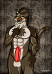 anthro balls blush brown_body brown_fur canid canine fangs fluffy fluffy_tail fur genitals hi_res male mammal muscular muscular_anthro muscular_male open_mouth penis simple_background solo tail teeth vein veiny_penis yellow_eyes zi0808