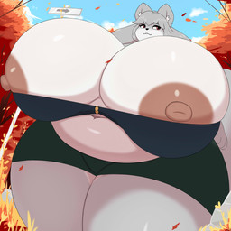 anthro belly big_breasts big_nipples black_nose bottomwear breasts clothed clothing cloud day deep_navel female fur grey_hair hair huge_breasts hyper hyper_breasts inner_ear_fluff leaf navel nipple_slip nipples outside overweight overweight_anthro overweight_female pink_nipples plant red_eyes shirt shorts solo standing topwear tree tuft white_body white_fur white_inner_ear_fluff hidenafox canid canine fox mammal red_fox silver_fox true_fox 1:1 absurd_res hi_res