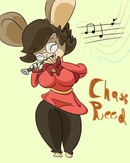 anthro big_breasts breasts brown_body brown_fur chibi cloak clothing eyewear female flute fur glasses musical_instrument musical_note musical_symbol playing_music solo symbol thick_thighs wide_hips wind_instrument woodwind_instrument andetheslayer lagomorph mammal 4:5 absurd_res hi_res