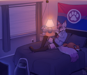 anthro baseboard bed bedroom bisexual_pride_colors black_bottomwear black_clothing black_legwear black_pawpads black_shorts black_stockings bottomwear cheek_tuft clothed clothed_anthro clothed_male clothing computer_monitor dolphin_shorts electronics facial_tuft femboy fully_clothed fully_clothed_anthro fully_clothed_male furniture gaming_chair hair holding_object holding_phone inside lamp legwear lgbt_pride looking_at_object looking_at_phone male male_anthro on_bed pawpads paws phone pillow plushie pride_colors short_hair shorts smile solo stockings tail television tuft wall_(structure) window fleurfurr canid canine fennec_fox fox mammal true_fox 2024 colored digital_drawing_(artwork) digital_media_(artwork) english_description hi_res shaded