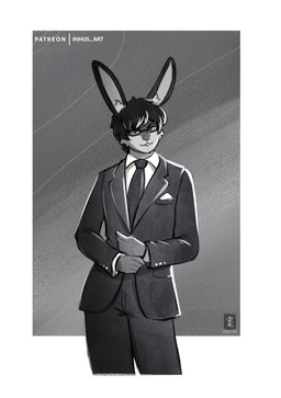 accessory anthro black_hair buckteeth business_suit clothing eyewear front_view glasses hair inner_ear_fluff looking_at_viewer male necktie simple_background smile solo suit teeth text tuft inhus_art kay_(kdhynamo) lagomorph leporid mammal rabbit 2025 absurd_res english_text hi_res monochrome portrait three-quarter_portrait
