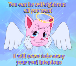 anthro blue_background blue_eyes blush blush_stickers clothing eyelashes feathered_wings feathers female fur gloves halo handwear long_eyelashes looking_at_viewer pink_body pink_fur pink_nose simple_background sky smile solo text white_clothing white_gloves white_handwear wings young saltypupcake angel domestic_cat felid feline felis mammal digital_media_(artwork) english_text hi_res