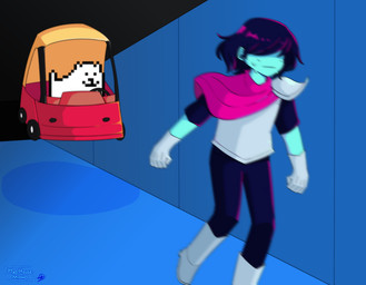 bodily_fluids car clothed clothing duo humor inside_car inside_vehicle levitating male running smile sweat vehicle madhouse-mono deltarune floating_boy_chases_running_boy undertale_(series) annoying_dog_(undertale) kris_dreemurr canid canine canis domestic_dog human mammal 2021 hi_res meme signature