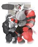 abs age_difference anthro anthro_on_anthro areola arm_hair barazoku beard biceps big_muscles big_pecs big_penis black_body black_fur blush body_hair bottomwear bulge chest_hair clothed clothing deltoids dialogue duo emanata erection erection_under_clothing eyebrows facial_hair flustered fur genitals glans hair hand_on_shoulder happy_trail huge_muscles humanoid_genitalia humanoid_penis jewelry leg_hair looking_at_another male male/male manly mature_anthro mature_male mohawk muscular muscular_anthro muscular_male necklace nipples pecs penis penis_poking_out pubes red_body red_fur shirt shorts size_difference standing striped_body striped_fur stripes talking_to_another tank_top text thick_arms thick_penis thick_thighs topless topless_anthro topless_male topwear tuft underwear underwear_only white_body white_fur wristband solard0gg0 nintendo pokemon ans_(solard0gg0) vahn_(solard0gg0) generation_7_pokemon generation_8_pokemon incineroar obstagoon pokemon_(species) 2025 absurd_res english_text hi_res father_(lore) parent_(lore)