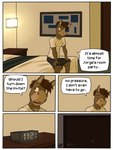 3:4 alarm_clock anthro asinus bed bottomwear braces clock clothed clothing comic dialogue donkey english_text equid equine furniture fuze hi_res hotel jacques_(texnatsu) male mammal on_bed shirt shorts sitting solo t-shirt texnatsu text topwear